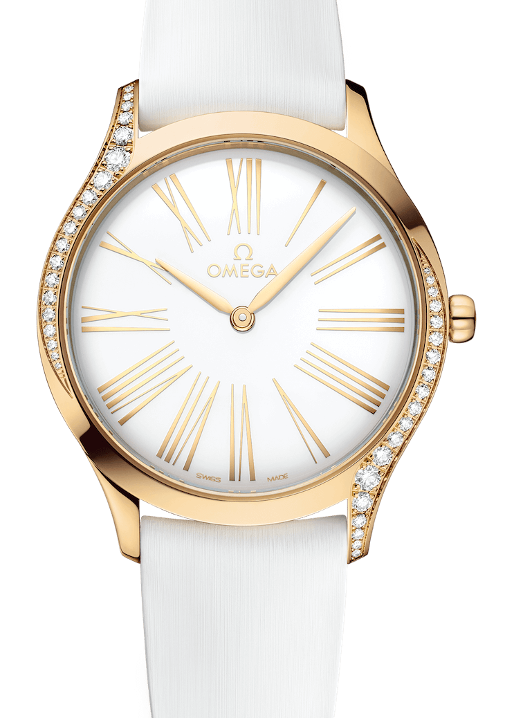 Omega De Ville Tresor Quartz 36mm Moonshine Gold Diamond White Rubber Ladies Watch