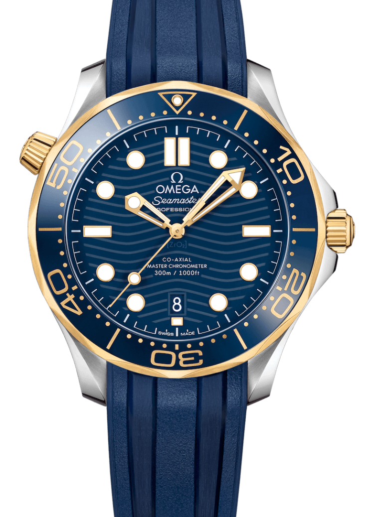 Omega Seamaster Diver 300M Co-Axial Master Chronometer 42mm Steel Yellow Gold Blue Rubber Men’s Watch