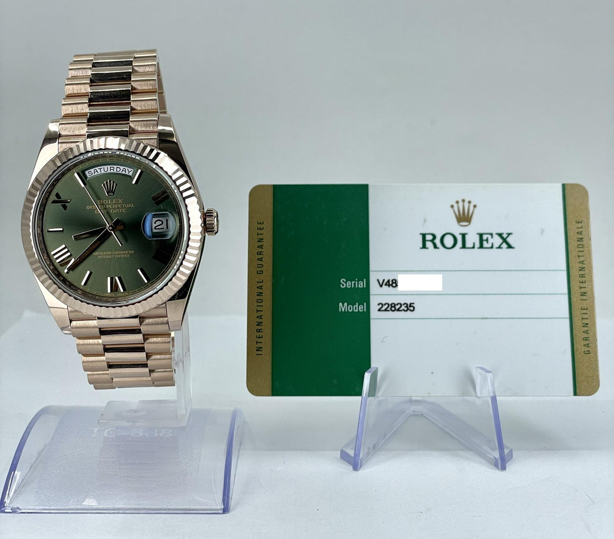 Rolex Daydate RG Olive Green Roman President 228235
